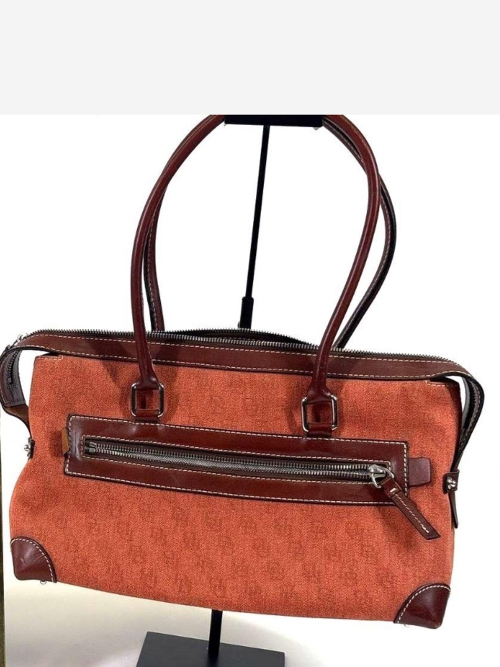 Dooney & Bourke Rust Monogram Fabric Handbag with Brown Leather Trim